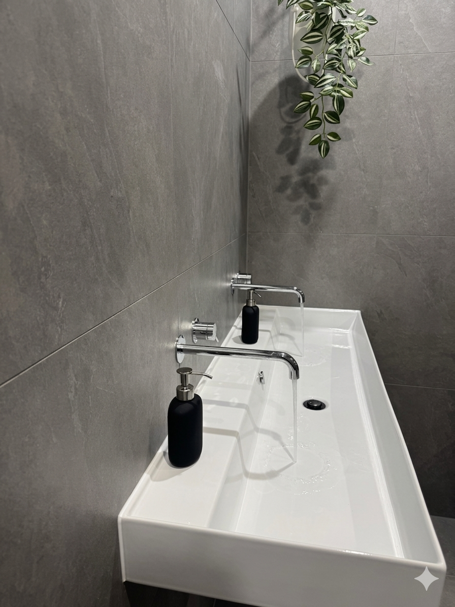 Powder room basin sealed against grey stone tiled walls