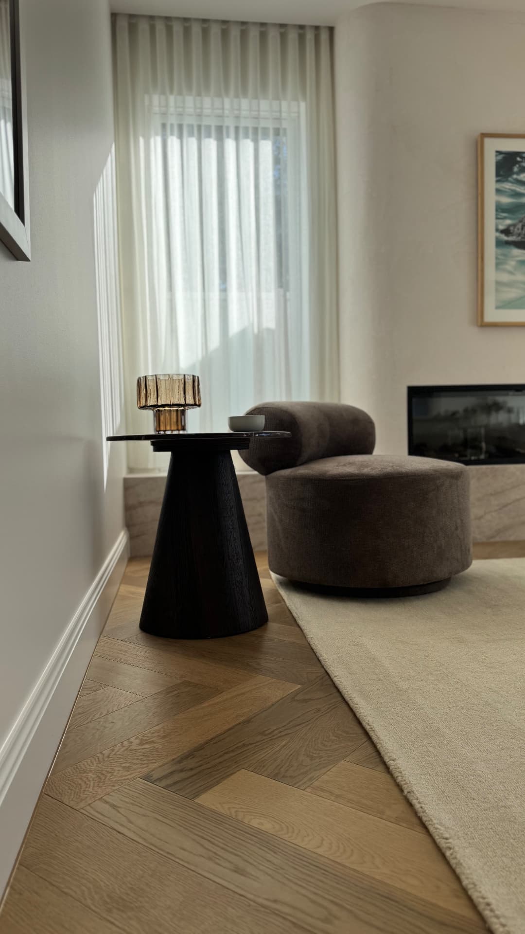 Living room with sealed skirting and herringbone timber floor