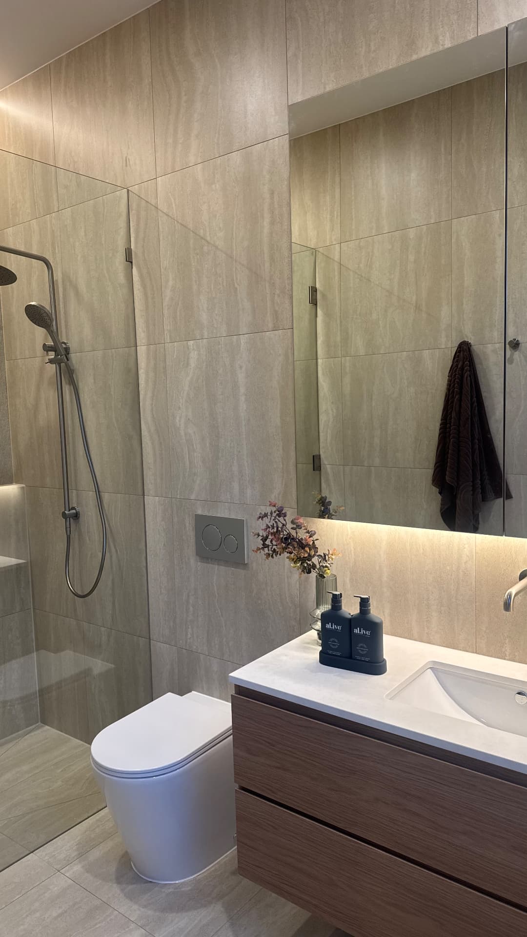 Bathroom with sealed shower screen, vanity and toilet junctions