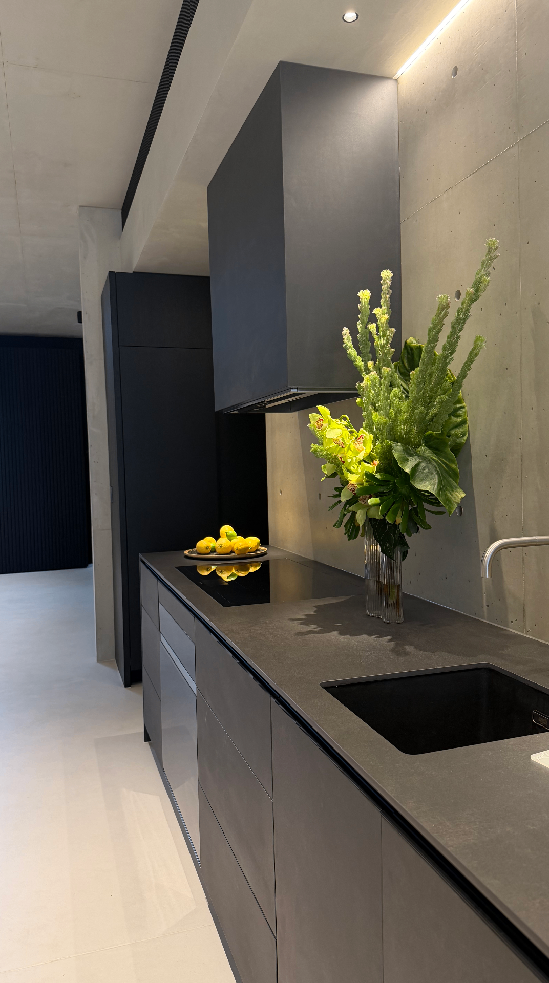Cocina moderna en gris oscuro con juntas selladas entre encimera, fregadero y muro de hormigón