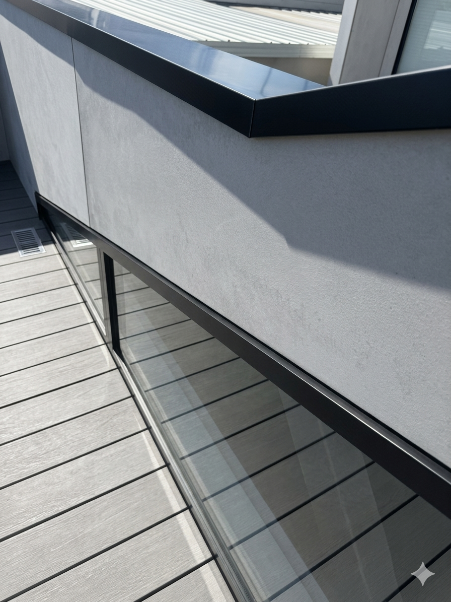 Balcony glass balustrade sealed to cladding and decking