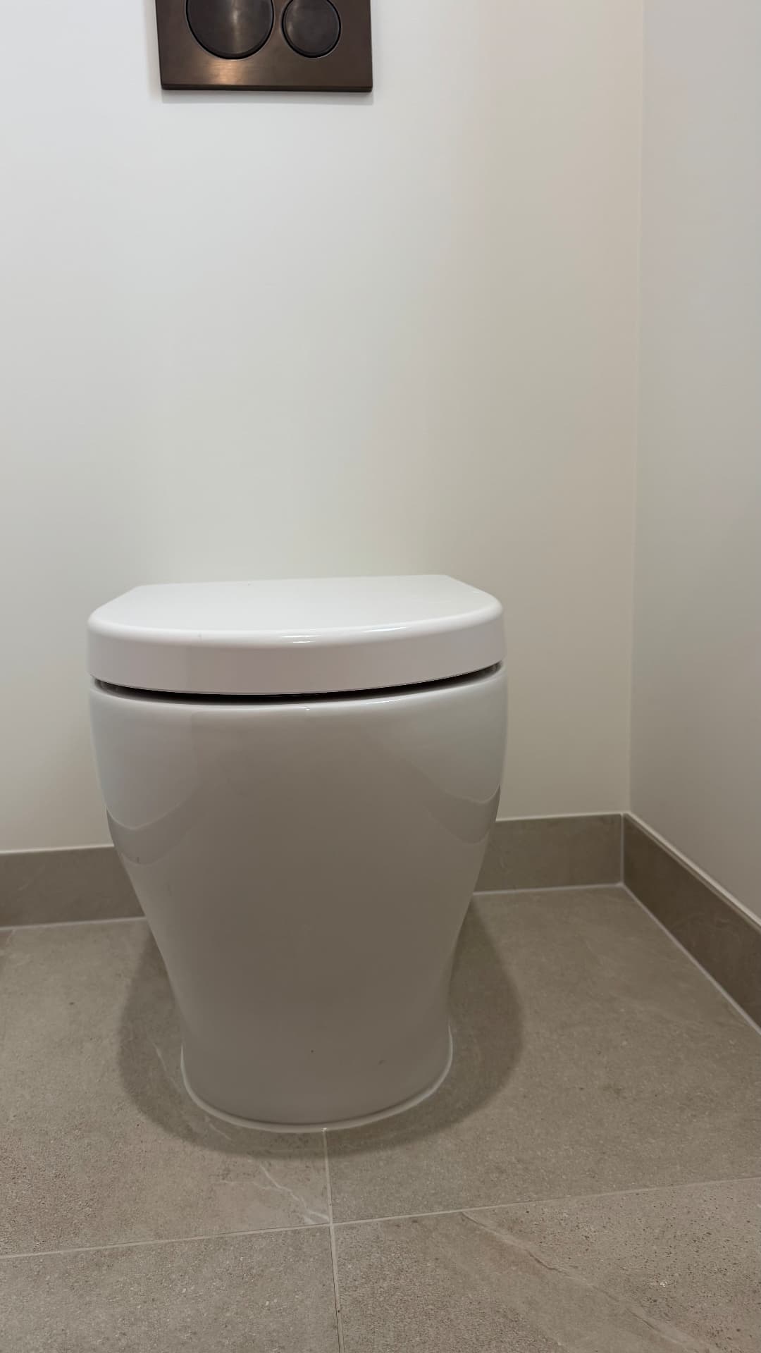Wall-faced toilet sealed to tiled floor and skirting tile