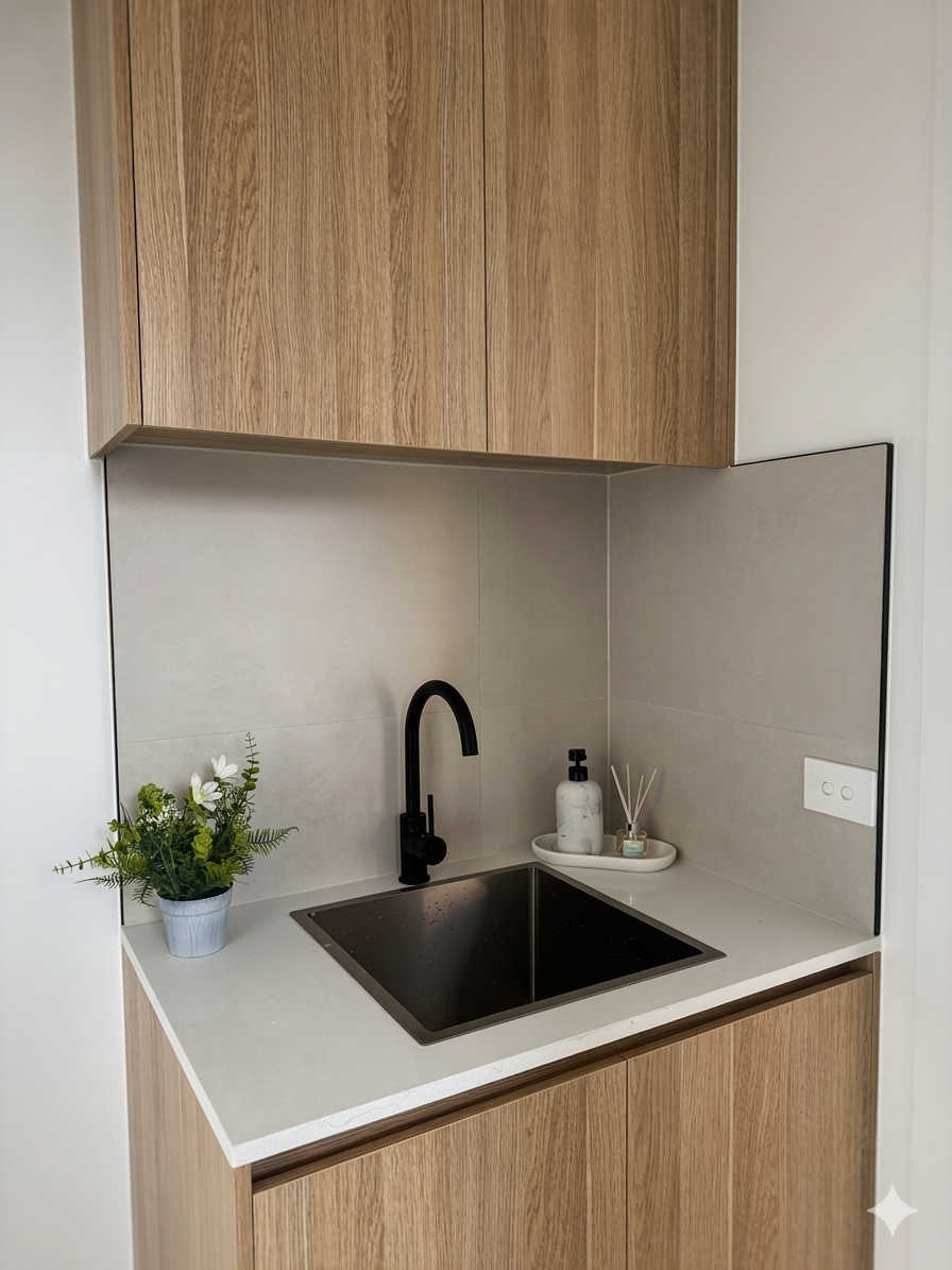 Laundry with sealed sink, splashback and timber cabinetry